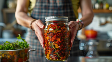 Person holding a jar of pickled vegetables - obrazy, fototapety, plakaty