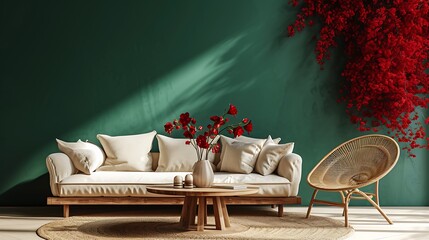 an inviting scene with a green wall mockup, round wooden table, beige sofa, red flowers, rattan chair, and carefully chosen decoration - obrazy, fototapety, plakaty