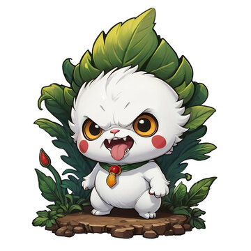 a white monster with green leaves on its head, cute monster, tyle of chippy, chibi art, plant spirit
