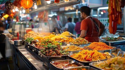 Street market food court with Indian and Asian cuisine. Generative Ai - obrazy, fototapety, plakaty