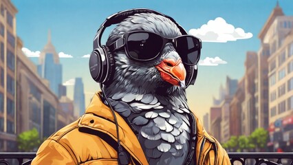 Imagine a cheerful pigeon adorned with sunglasses and a headset, set against the backdrop of a bustling cityscape. This simplistic, vectorized design exudes rap-style vibes and is perfect for labels  - obrazy, fototapety, plakaty