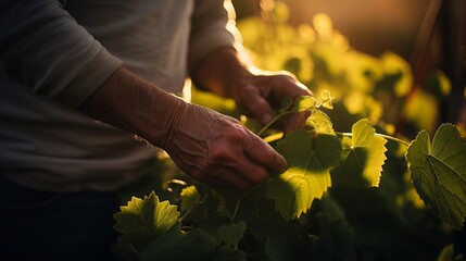Viticultor inspects grape leaves sunset backlight vineyard's meticulous care detail