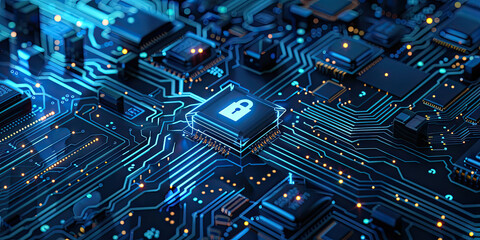 Electronic circuit board with data protection cyber security privacy business Internet technology Concept