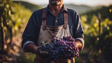 Early morning viticultor with ripe grapes labor and harvest connection denim overalls