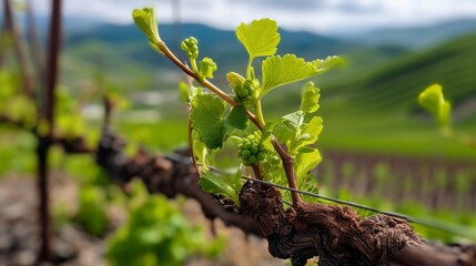 Naklejka premium Spring vine pruning by viticultor new growth against hills vineyard renewal symbol