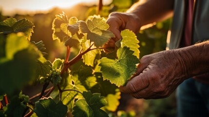 Meticulous viticultor with grape leaves setting sun's warmth attention to vine health
