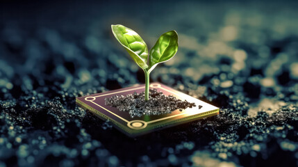 A plant sprouting from a computer chip symbolizes renewal - obrazy, fototapety, plakaty