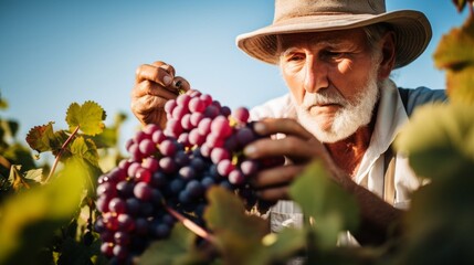 Viticultor with magnifying glass inspecting grapes harvest perfection sought winemaking dedication