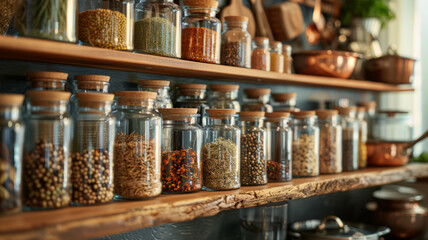 A variety of spice jars on kitchen shelves