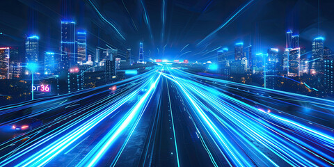 Fototapeta na wymiar Abstract cityscape traffic background with motion blur Moving through modern city street with illuminated skyscrapers