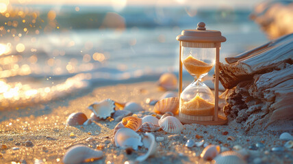 Hourglass on beach at sunset - obrazy, fototapety, plakaty