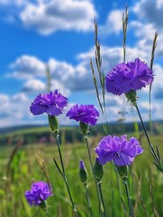 A photo of purple blue violet carnations flowers in the field, with a blurry background