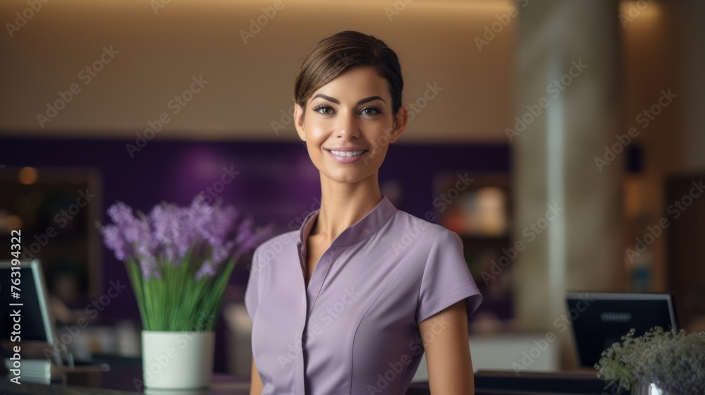 Canvas Prints Receptionist greeting clients at tranquil spa friendly in lavender attire