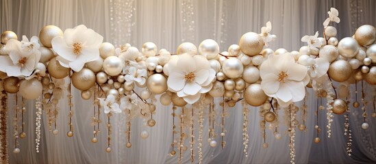 A row of flowers and pearls hanging from a curtain adds a touch of elegance to any event. Perfect...