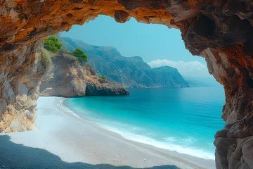 Gordijnen View of a serene beach from a seaside cave. Travel and nature concept for tourism, adventure, and tranquility designs © Ekaterina