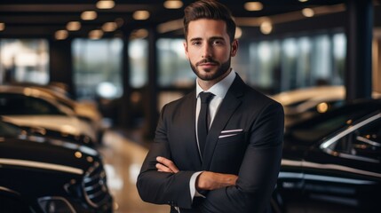 Car dealership receptionist in suit luxury automobiles showroom setting - obrazy, fototapety, plakaty