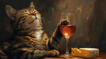 Funny elegant cat sits and enjoys red wine glass and cheese. Enjoying luxury life. Art illustration. Cute drunk pet drinking alcohol. Beverage lovers. Fun joke.
