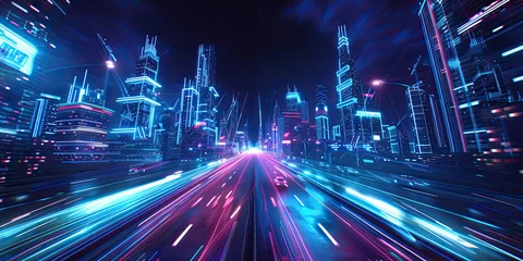 Foto op Plexiglas Futuristic cityscape with illuminated skyscrapers © Black Pig