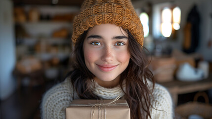 Portrait of a smiling young woman in a cozy sweater and beanie holding a gift, with a blurred home interior background.