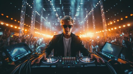 Music festival DJ mesmerizing lights creating electrifying scene - obrazy, fototapety, plakaty