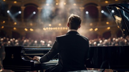 Concert hall pianist fingers dancing on keys showcasing classical elegance - obrazy, fototapety, plakaty