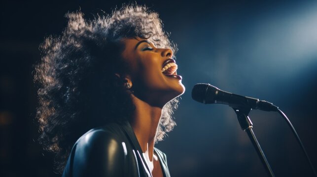 Singer belting high note on brightly lit stage passion and emotion