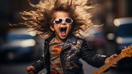 Young rock 'n' roll spirit child with air guitar and wild joy - obrazy, fototapety, plakaty