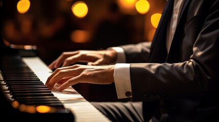 Dimly lit hall classical pianist warm piano spotlight focus on keys