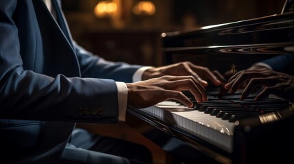 Concert hall pianist under spotlight focus and warm glow on keys