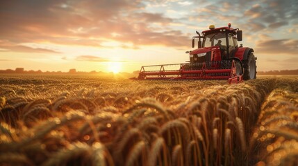A tractor harvesting wheat at sunset, followed by a working combine, creating an atmosphere of farm life and agricultural activity.