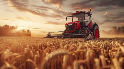Fototapeta premium A tractor harvesting wheat at sunset, followed by a working combine, creating an atmosphere of farm life and agricultural activity.