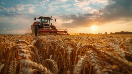 Fototapeta premium A tractor harvesting wheat at sunset, followed by a working combine, creating an atmosphere of farm life and agricultural activity.