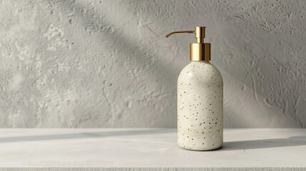 Elegant beige soap bottle with a gold pump, made of textured terrazzo material, on an isolated...