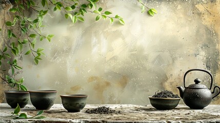 Teapot with cups, bowl of dry tea and leaves on white grunge background. Generative Ai - obrazy, fototapety, plakaty