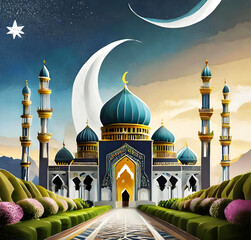 beautiful mosque in galaxy sky ramadan kareem eid mubarak muslim festival ramzan mosque ai generated