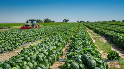 A large field of watermelons against the backdrop of an open red tractor. Rows of green watermelons, stacked on top of each other and stretching into the distance. 
