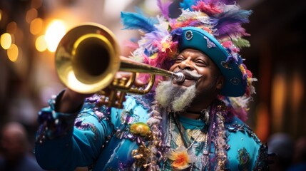 Mardi Gras trumpeter colorful costume enthusiastic performance - obrazy, fototapety, plakaty