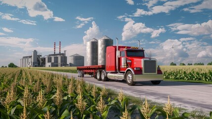 A red truck or grain truck is driving along the road, and behind it are grain fields, silos and granaries. In the background is an industrial grain processing plant. - obrazy, fototapety, plakaty