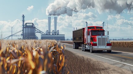 A red truck or grain truck is driving along the road, and behind it are grain fields, silos and granaries. In the background is an industrial grain processing plant. - obrazy, fototapety, plakaty
