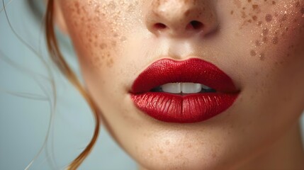 Close-up of a Woman's Glamorous Makeup Highlighting Trendy Lip Color, Eyelashes, and Eye Shadow. Concept Makeup Trends, Glamorous Look, Close-up Photography, Eye-catching Colors, Beauty Portraits