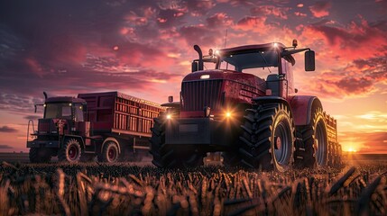 Obraz premium a red tractor pulls out of a field and pulls an empty large trailer, behind it is a large truck with yellow lights on top, driving towards the sunset, golden hour, wheat fields in the background