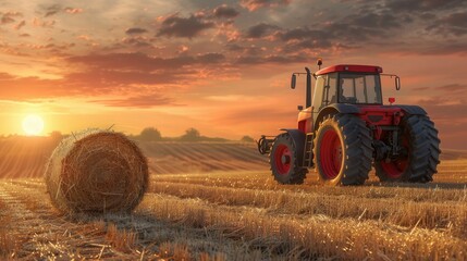 A tractor is working in a field, surrounded by hay bales, and the setting sun casts long shadows on them. A rural landscape with warm hues of orange and red reflected in golden wheat fields. - Powered by Adobe