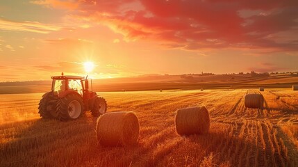 A tractor is working in a field, surrounded by hay bales, and the setting sun casts long shadows on them. A rural landscape with warm hues of orange and red reflected in golden wheat fields. - obrazy, fototapety, plakaty