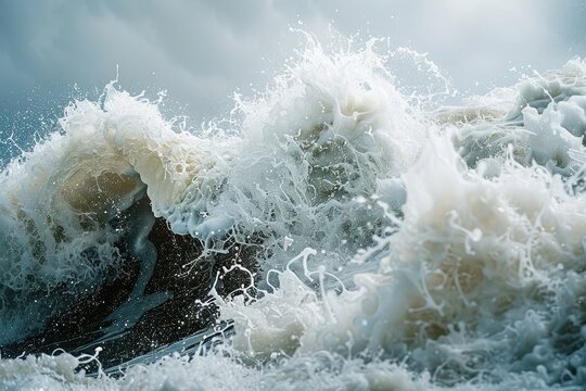Large foamy waves of the sea. Close-up. Seascape.
