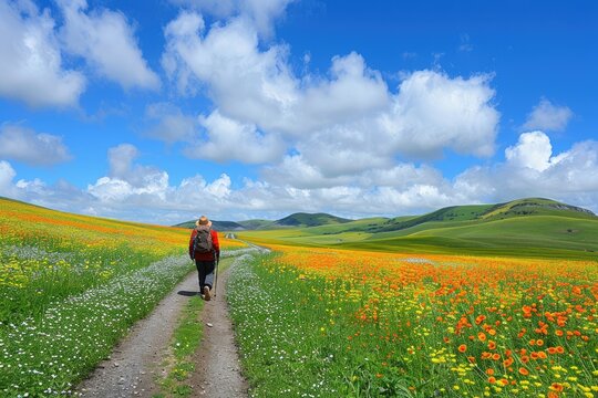 A man walks along a sandy road among a blooming field and sky.