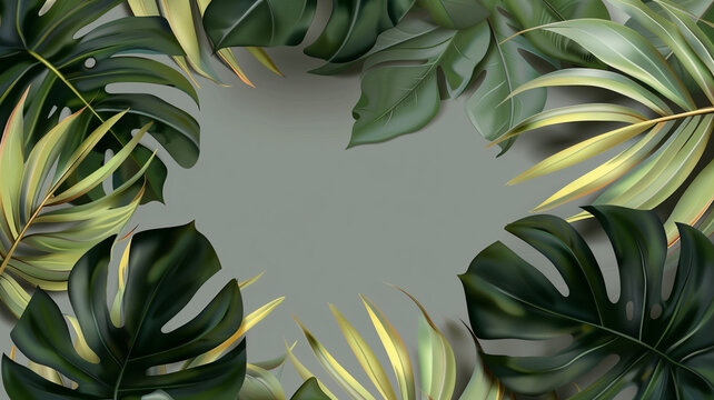 A vibrant assortment of tropical foliage with various shapes and shades of green, presented against a pure white