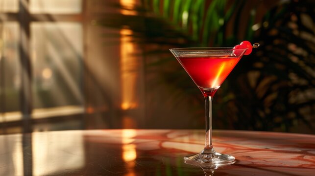A vibrant image captures the essence of a Cosmopolitan cocktail, situated against a radiant sunny background, highlighting a tantalizing glass of crimson-colored alcoholic beverage.