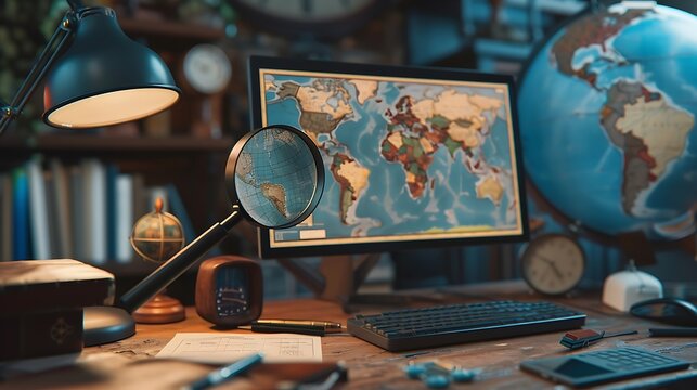 Delve into the integration of AI with a magnifying glass and an international map on a computer desk a?" how can this trio transform the way we interact with and search for geographical images