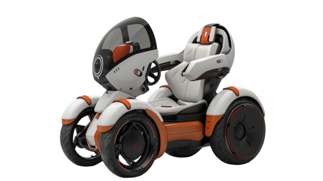 Electric passenger car or electric scooter, technology for the future, mobility for the disabled or elderly on a transparent floor,PNG