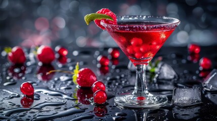 A Cosmopolitan cocktail set against a sunny backdrop, showcasing a glass of crimson alcoholic beverage.